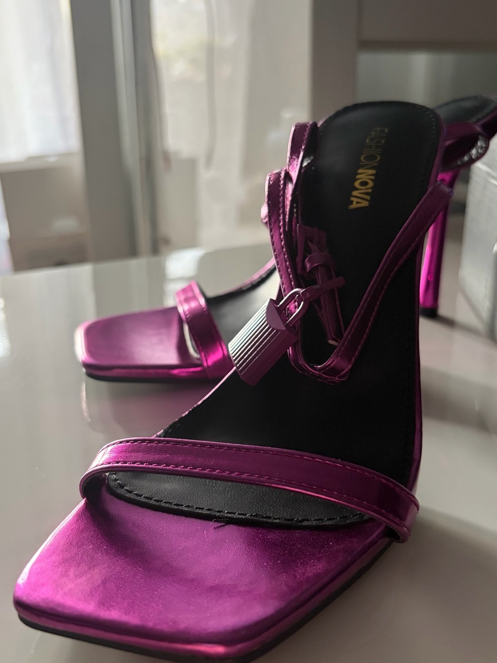 Fashion Nova Metallic Fuchsia Strappy Stiletto Sandals